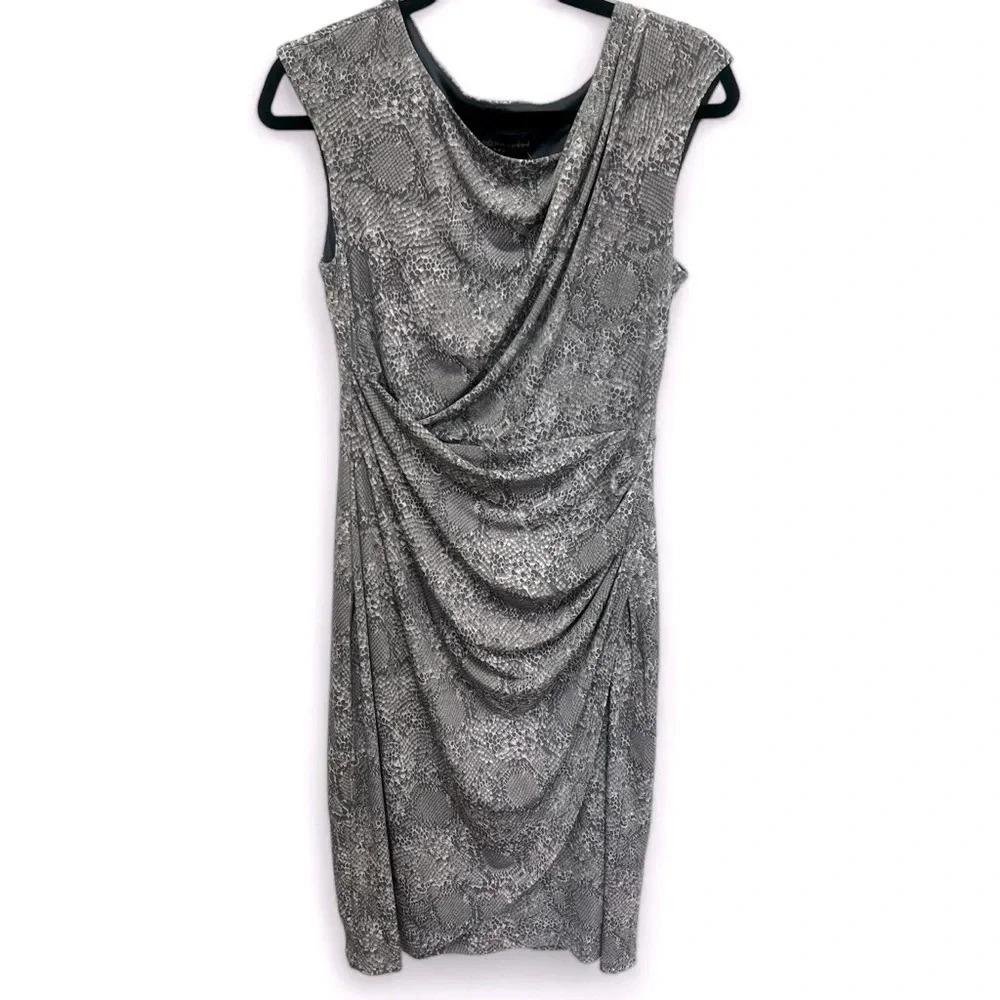 NWT Connected Apparel grey snake skin print faux wrap drape neck dress size 10
